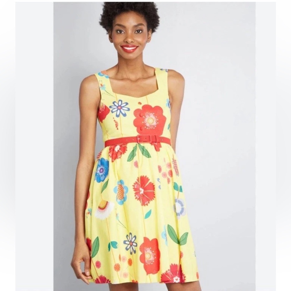 ModCloth Biking Through Brussels A-Line cotton dress yellow floral 100% Cotton L
